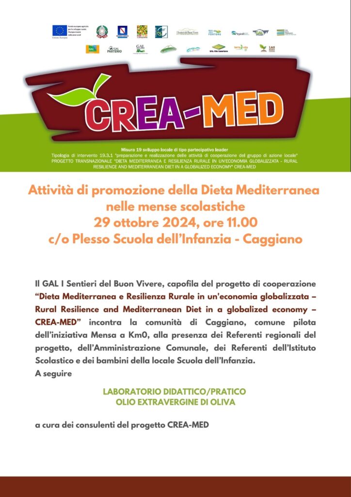 Attività di promozione della Dieta Mediterranea  nelle mense scolastiche 29 ottobre 2024, ore 11.00 c/o Plesso Scuola dell’Infanzia - Caggiano