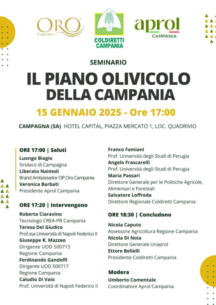 Il Piano Olivicolo della Campania - 15  gennaio 2025, ore 17.00, Campagna c/o Hotel Capital